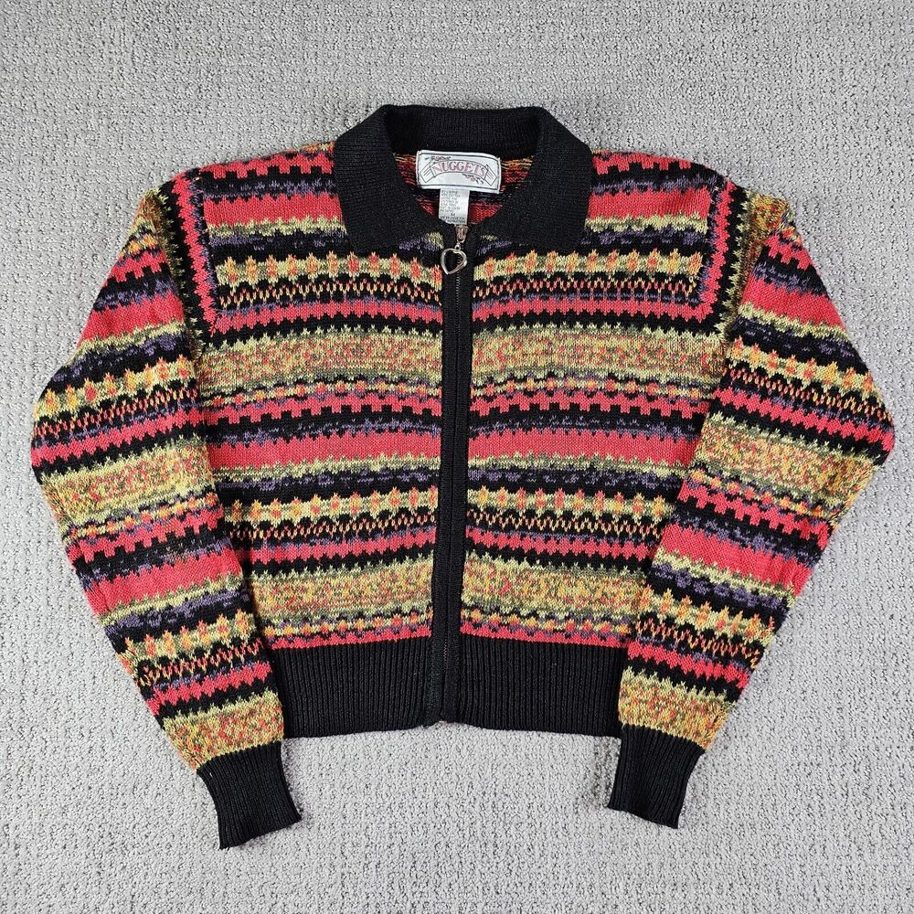 Vintage‎ Nuggets Knit Collared Sweater Full Zip Tribal Multicolor Womens Size M